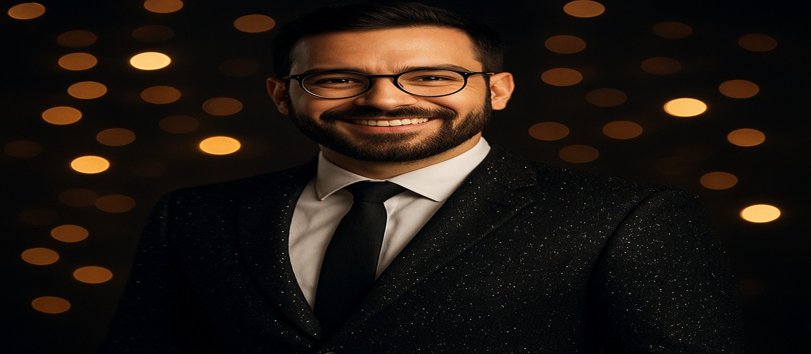 কালো স্যুট পরা একজন আত্মবিশ্বাসী ব্যক্তি, চারপাশে ছড়ানো সোনালি আলো