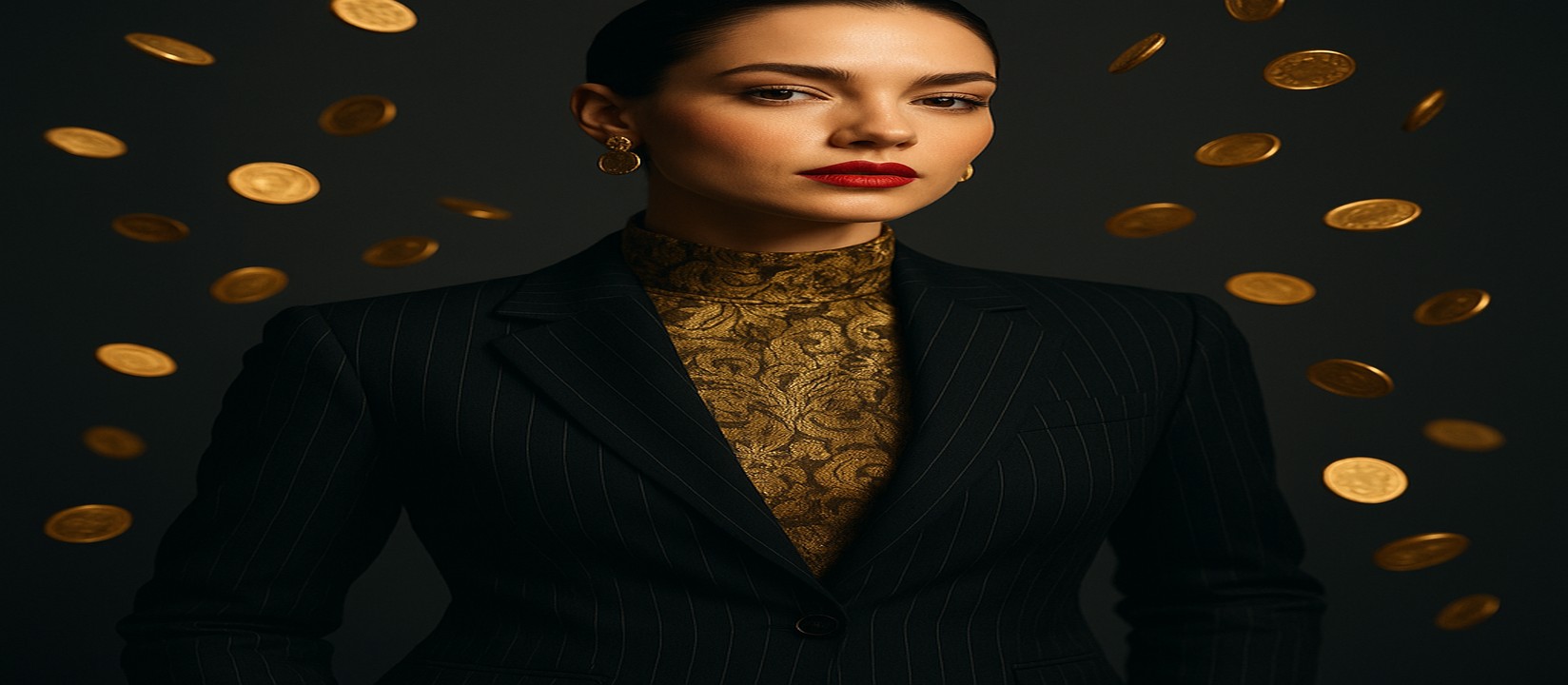 কালো ডোরাকাটা পোশাকে সোনালি আভায় ভরা এক নারী, চারপাশে ভাসমান সোনার কয়েন